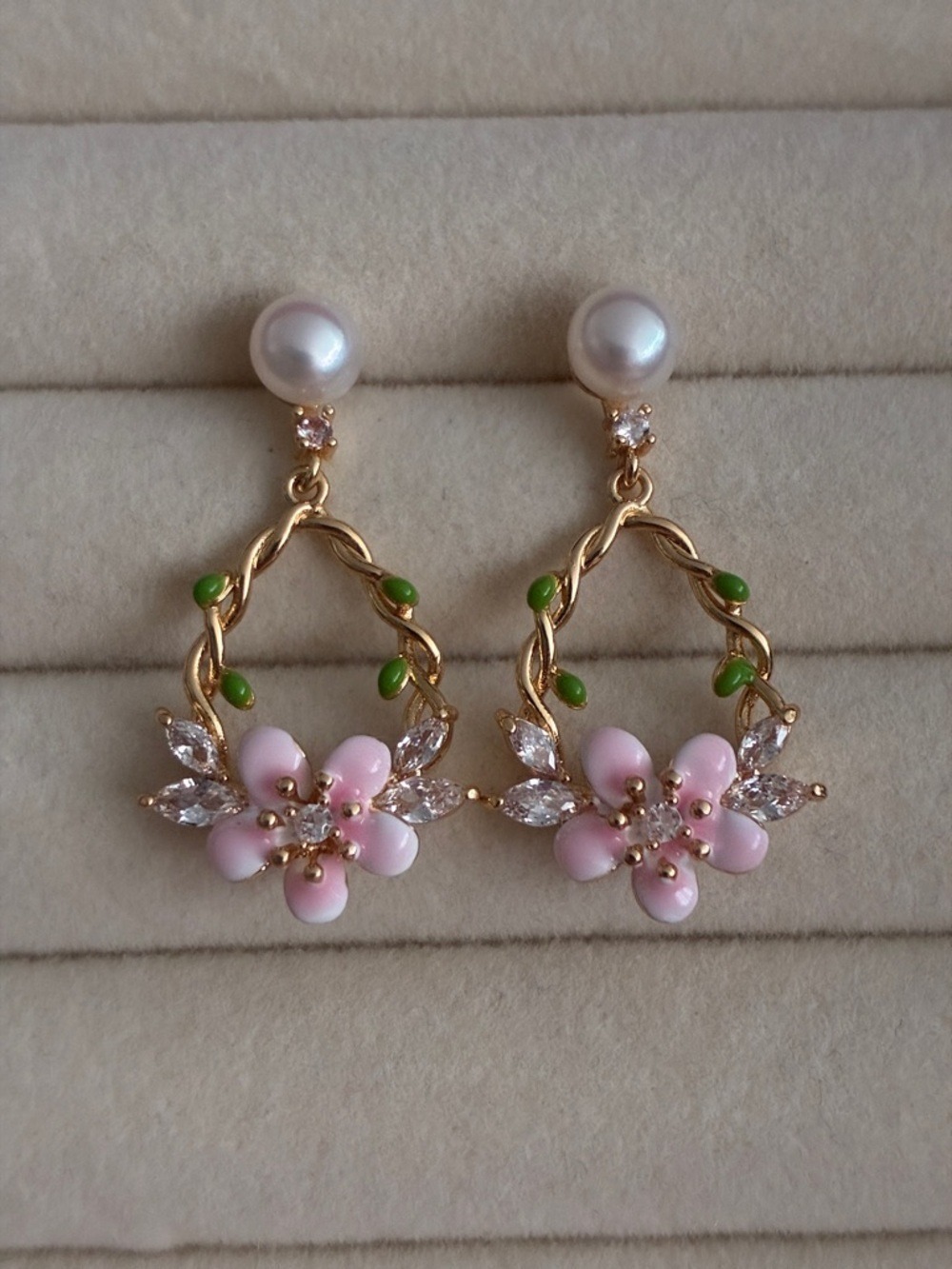 Delicate Pink Pearl Floral Drop Earrings